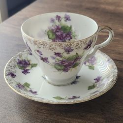Lefton China Teacup & Saucer Set Cup Handpainted Violets Floral