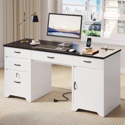 Bestier 59” Office Desk with Lockable Drawers, Modern Computer Desk with File Drawer, Charging Station & Drop-Front Keyboard Drawer, Executive Desk wi