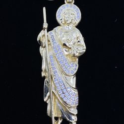 $1100 Yellow Gold W Zirconia San Judas Saint Jude Religious Charm Pendant 