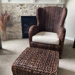 POTTERY BARN Seagrass Wingback Chair with Ottoman - Dark Brown