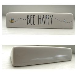 Rae Dunn Ceramic Paperweight Sign Decor ‘Bee Happy’ 8”long