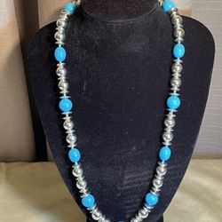 VTG Silver & Turquoise Tones Beaded Necklace