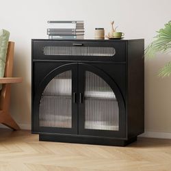 Sideboard Buffet Cabinet with Storage, 31.5” Farmhouse Curved Design Accent Cabinet with Acrylic Doors & Adjustable Shelves, Modern Coffee Bar