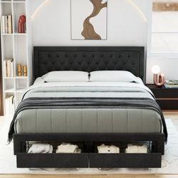 Queen Size  Linen Upholstered Platform Bed With Storage Drawers