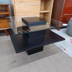 Large Square Espresso & Glass Side Table w/Shelf