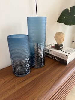 Blue Textured Glass Vases Set of 2