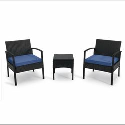 3 Piece Blue Resin Wicker Patio Bistro Seating Set Outdoor Home Furniture