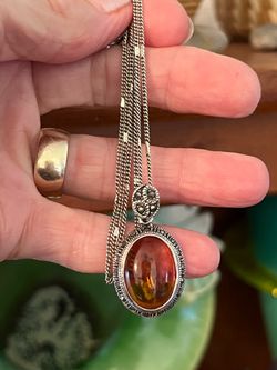 Vintage Amber and Sterling Pendant Necklace