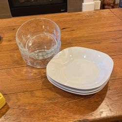 Two Glass Salad Bowls & Three White Salad Plates