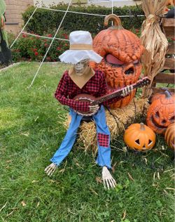 Halloween guitar players and singing skulls farmers pumpkin patch
