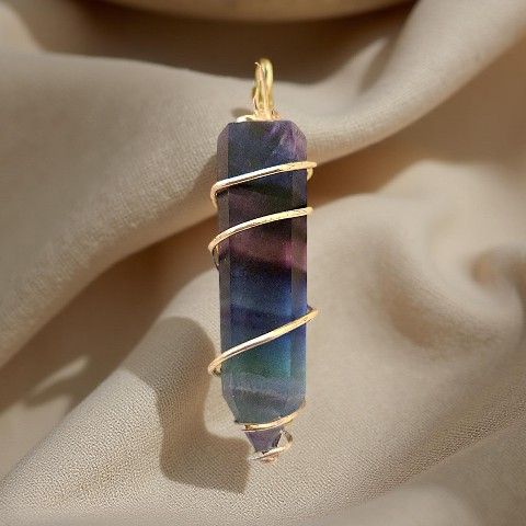 Rainbow Flourite Crystal Pendant Necklace. Point Stone Rock