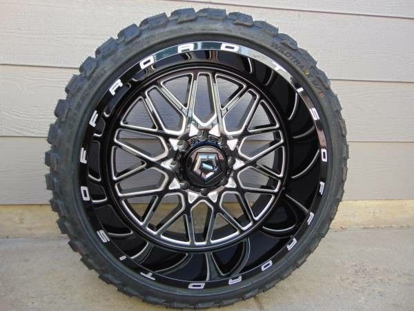 22x12 Vision Rocker Black Wheels Rims 33 AT Tires Package 8x170