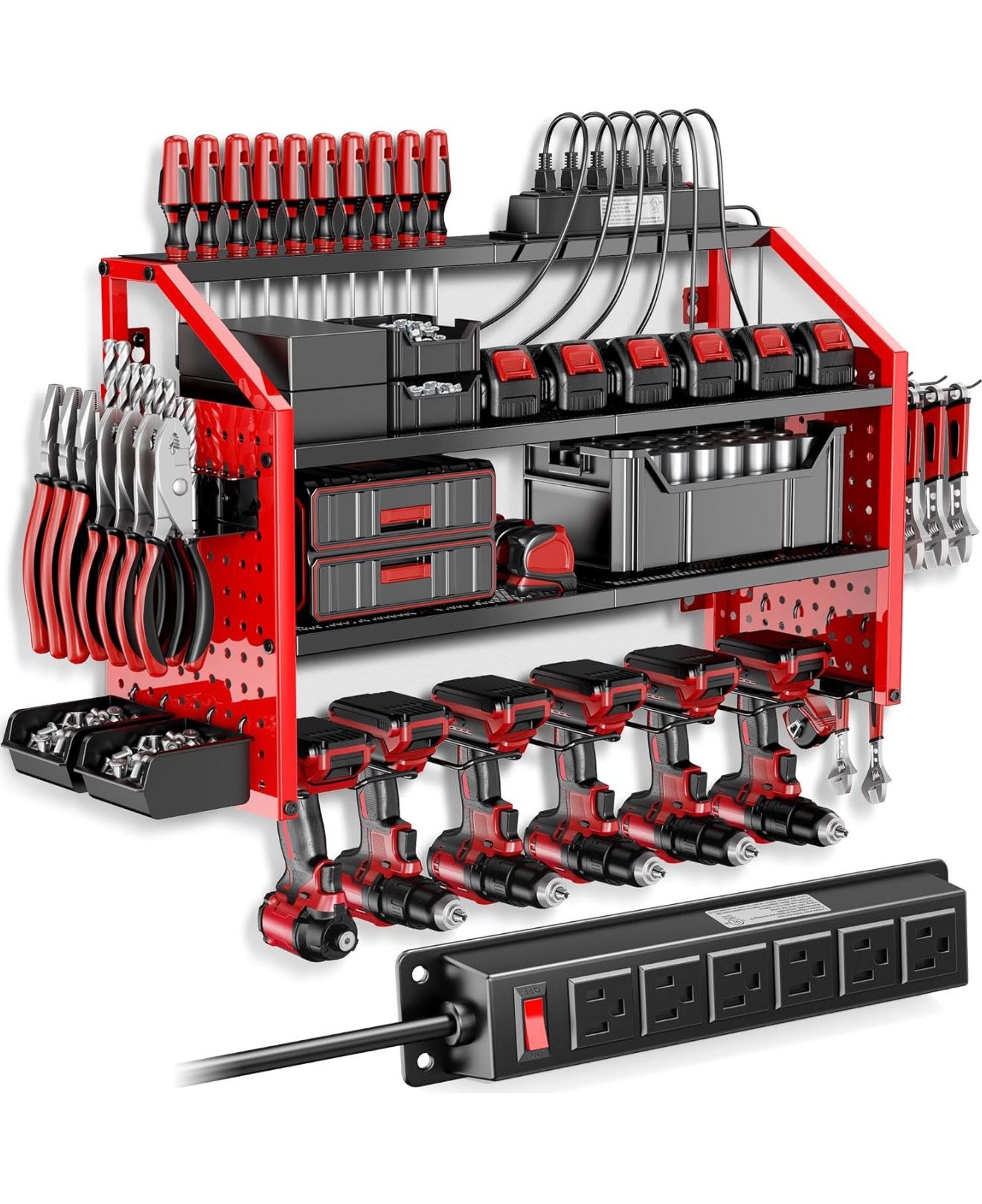 Power Tool Organizer Charging Station, Heavy Duty Steel, 6 Drilling Rig Sizes Hooks & Screw Boxes, 6 sockets, Garage Storage Rack