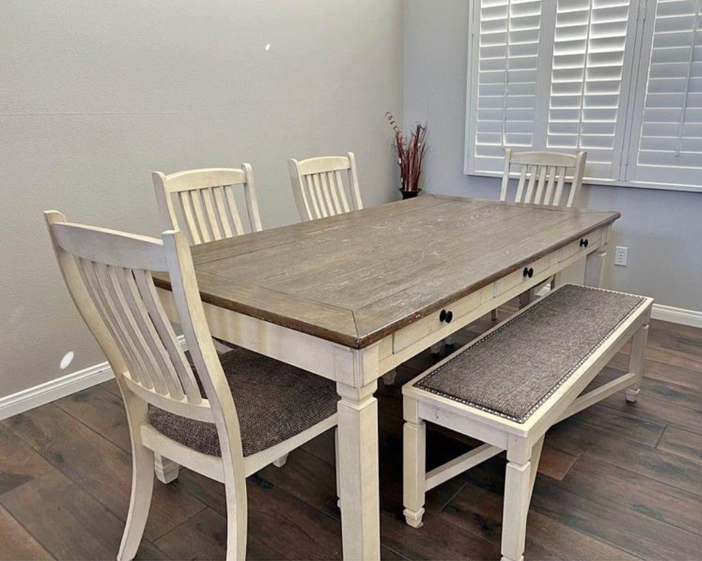Ashley Bolanburg Rectangular Dining Table,4 Chairs And Bench Dining Room Set Farmhouse Style 