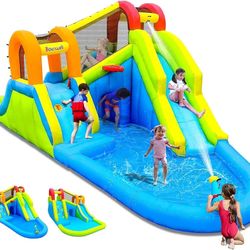 Bounwell Inflatable Water Slide with Air Blower, Water Park for Kids Backyard, Blow Up Water Slide with 2 Slide, 2 C