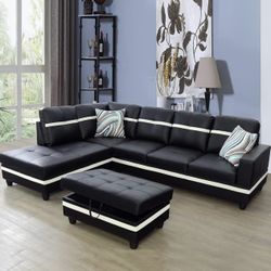 Black Leather Sectional Couch And Ottoman