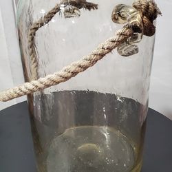 Large Hand-Blown Seeded Glass Hurricane Vase with Rope Handle