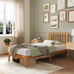 New Novilla Twin Bed Frame Wood Twin Platform Bed Frame with 8.5 Inch Space Underneath, Bed Frame Twin with Headboard Solid Wood Bed Frame Foundation 