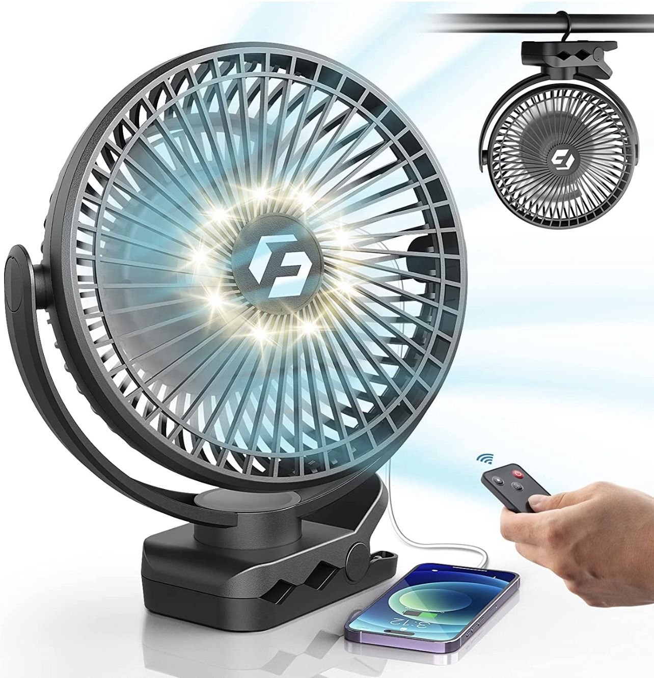 Korbot 8-inch Clip on Fan - 12000mAh Portable Fan Battery Rechargeable with 3 Speeds and Strong Airflow, USB Fan Small Desk Fan Personal Quiet Fan for