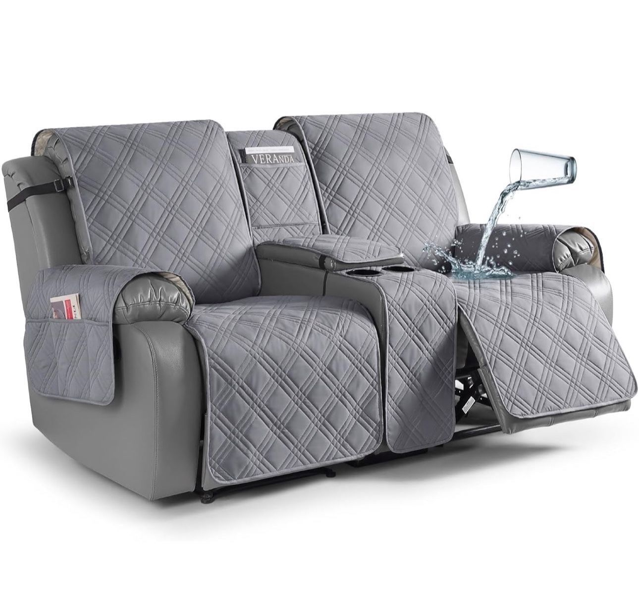 Loveseat Recliner Cover with Center Console, 100% Waterproof Pet Cover for Dual Recliner with Straps Design, Split Reclining Loveseat Cover Furniture 