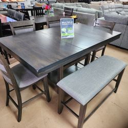 Solid Counterheight 6pc Dinning Set With Bench And Table Leaf Extension 