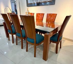 Wood and Glass Dining Table Set with 8 Chairs
