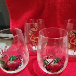 4 ALOHA Flamingo Wine To Milk Glasses
