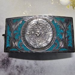 Mayan Calendar Genuine Turquoise Gemstone Inlay 925 Sterling Silver Belt Buckle 