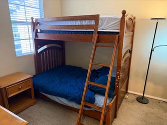 Twin-over-Full Wood Bunk Bed + 2 Mattresses + Dresser & Nightstand
