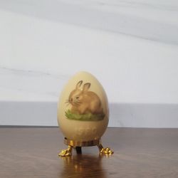 Vintage Goebel 1980 Third Annual Easter Egg Porcelain Figurine - Charming Brown Bunny on Verdant Grass with Gilded Stand, West Germany