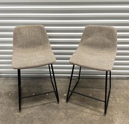 Set of 2 Modern Bar Stools – Linen Fabric & Black Metal Frame – 24” Seat Height