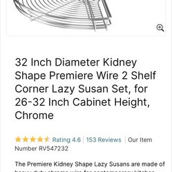 32” Kidney Lazy Susan Chrome Corner Cabinet Shelf Heavy Duty