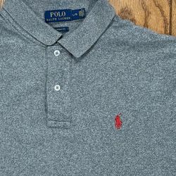 🔴 Gray Grey RED PONY Men’s LARGE Ralph Lauren POLO Short Sleeve Collared Collar Button Dress Work L