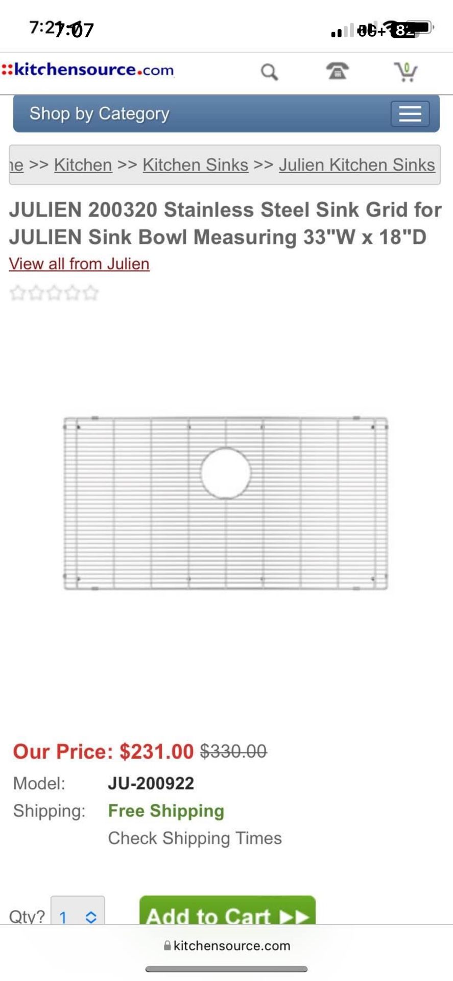 JULIEN 200320 Stainless Steel Sink Grid for JULIEN Sink Bowl Measuring 33"W x 18"D