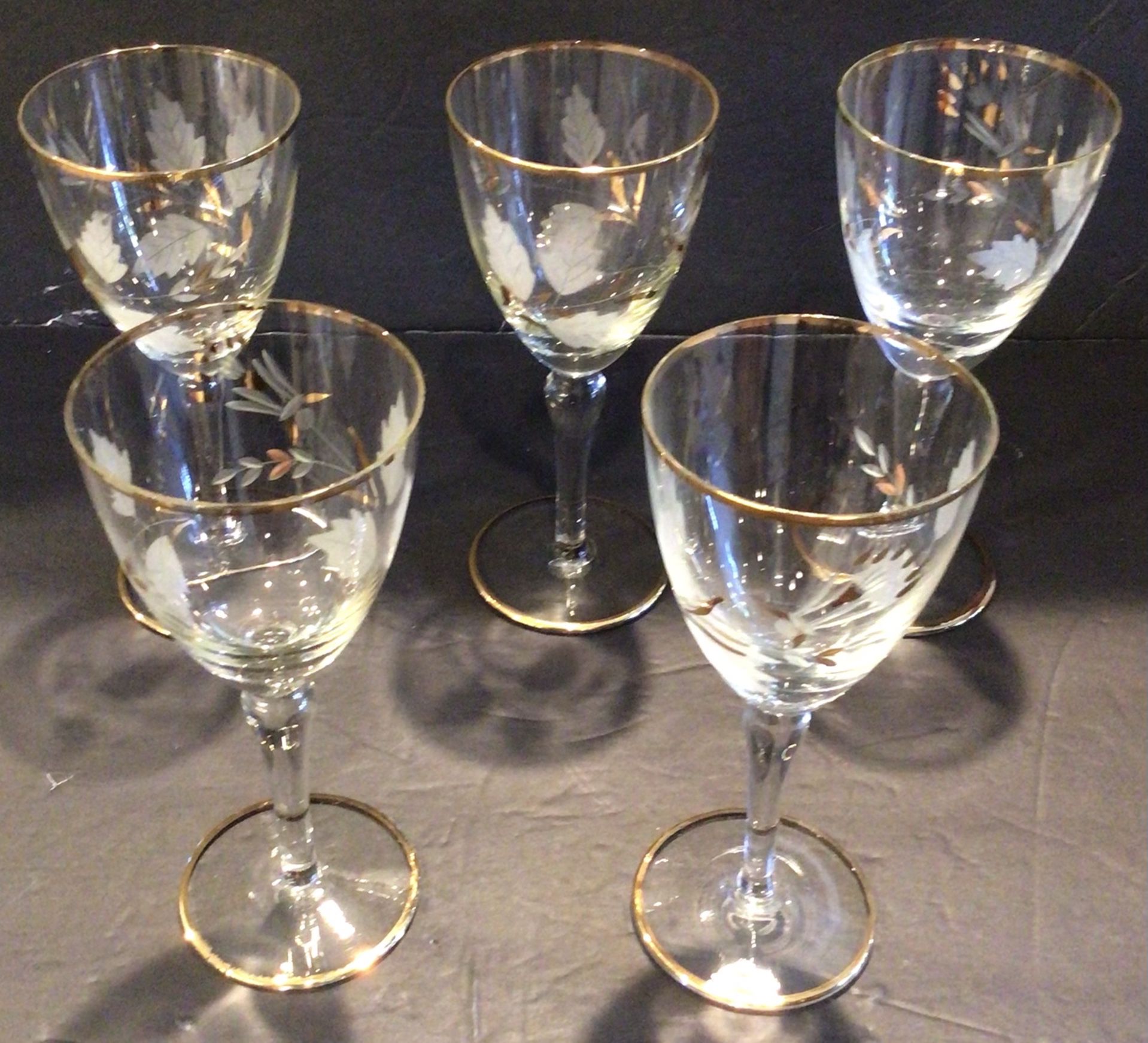 Five Vintage Crystal Leaf-Etched Wine Glasses With Gold Trim