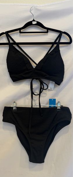 CUPSHE Black Textured Bikini Set Crisscross Tie Front Swimsuit NWT Medium