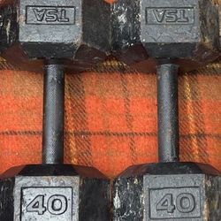 PAIR OF 40 POUND STEEL  HEX DUMBBELLS