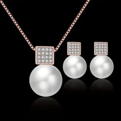Rosegold White Pearl With Rhinestones Jewelry Set