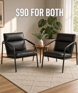 Accent Chair, Metal Framed, Synthetic Leather with Stitching Mid-Century Modern Sling Chair for Living, Bedroom, Reading Room, Lounge, Ink Black, EKHO