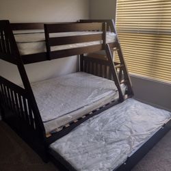  Dark Walnut Wood Twin/Full Bunk Bed with Trundle