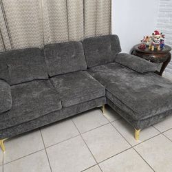 Gray Fabric  Small Sectional With Metal Legs 