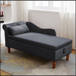 Chaise Lounge Indoor with Storage & Pillow, Upholstered Rolled Arm Chesterfield Style for Sleeping and Relaxation