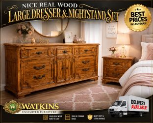 🌾🪵 Vintage Real Wood Large Dresser & Nightstand Set – Heavy Duty! 🪵🌾