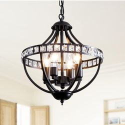 Crystal Chandelier Light Fixtures, 4-Lights Farmhouse Rustic Vintage Black Pendant Hanging Lighting Ceiling Chandeliers for Kitchen Island Dining Room