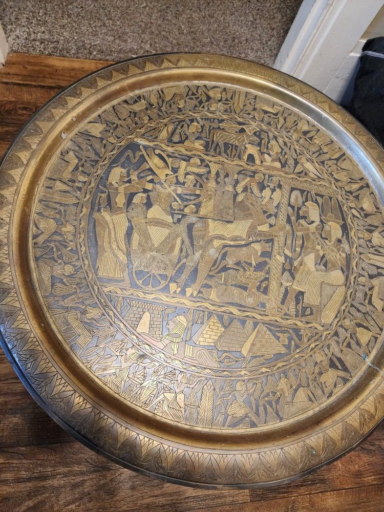 Egyptian Polychromed Brass Folding Tray Table And Plates 1950's
