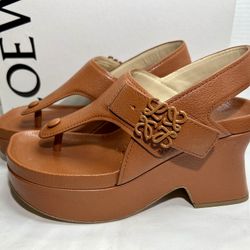 NEW SS24! LOEWE COMFORT PLATFORM SANDAL MONOGRAM CARAMEL LEATHER SZ 37  