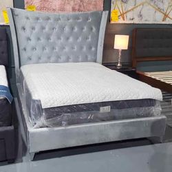 QUEEN BED LIGHT GRAY VELVET