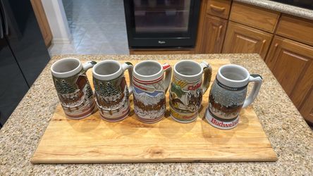 Five Budweiser Holiday Steins 1982,83,85,2-1988