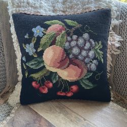 Vtg Needlepoint Throw Pillow Fruit Harvest Peaches Grapes Cherries Black Wool