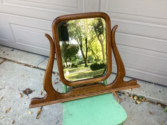 This item is an antique "harp-style" swivel dresser mirror (often referred to as a wishbone or harp mirror). Victorian / Art Nouveau wooden dresser or